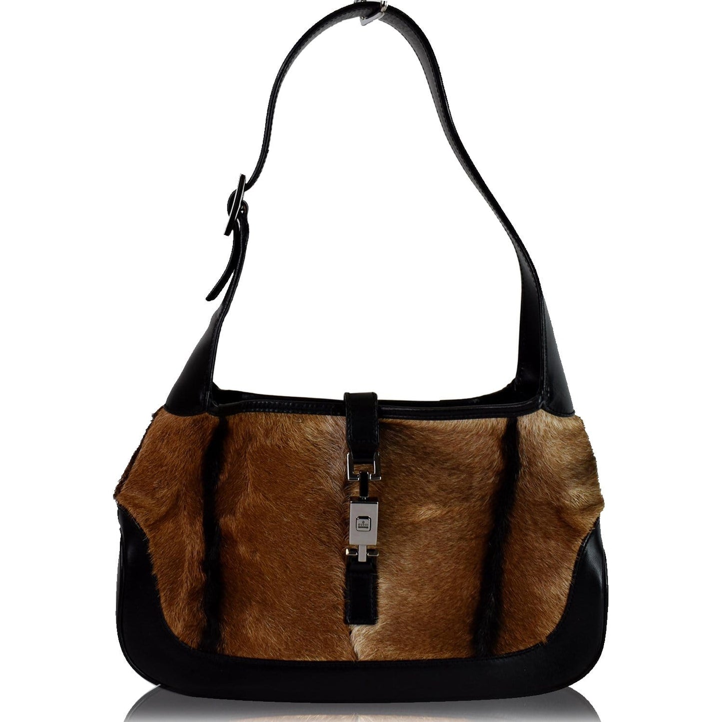 GUCCI Jackie O Pony Hair Leather Hobo Shoulder Bag Brown