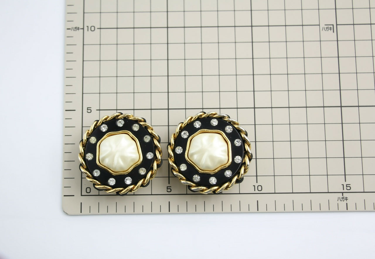 Chanel Vintage 1988 Leather Chain & Rhinestone Clip-on Round Earrings