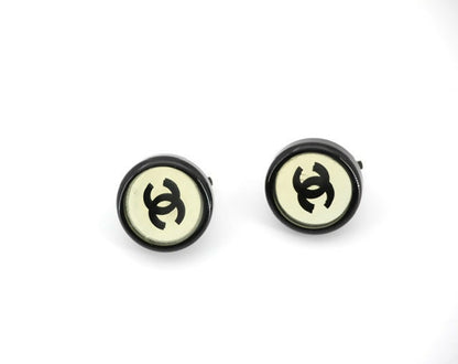 Chanel Vintage 01P Resin Black Hoop Mirror Clip-on Earrings