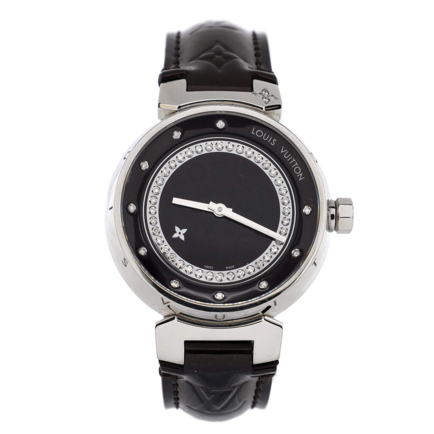 Louis Vuitton Tambour Disc Quartz Watch Stainless Steel and Monogram Vernis with Diamond Markers and Dial 34
