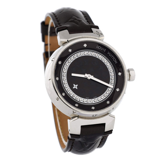 Louis Vuitton Tambour Disc Quartz Watch Stainless Steel and Monogram Vernis with Diamond Markers and Dial 34