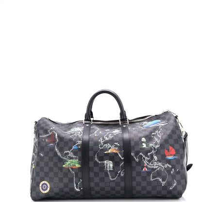 Louis Vuitton Keepall Bandouliere Bag Limited Edition Renaissance Map Damier Graphite 50