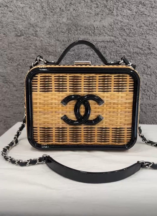 Chanel Vanity Case Beige & Black, Rattan, Patent Calfskin & Silver-Tone Metal
