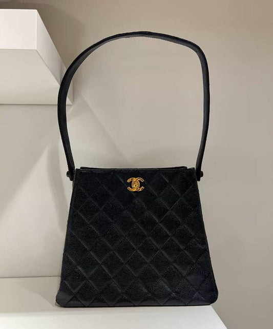 Chanel Vintage Double Side Turnlock Shoulder Bag Black Caviar Gold Hardware