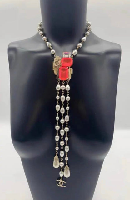 Chanel 21ss Pink Crystal & Pearl long Chain
