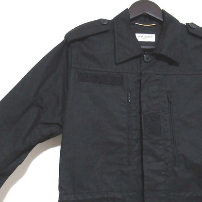 Saint Laurent Paris Embroidery Glitter Logo Patch Cotton Linen Blend Military Jacket