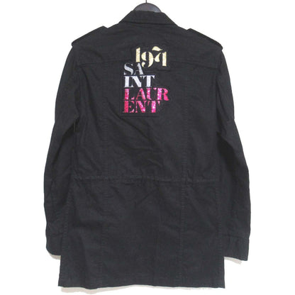 Saint Laurent Paris Embroidery Glitter Logo Patch Cotton Linen Blend Military Jacket