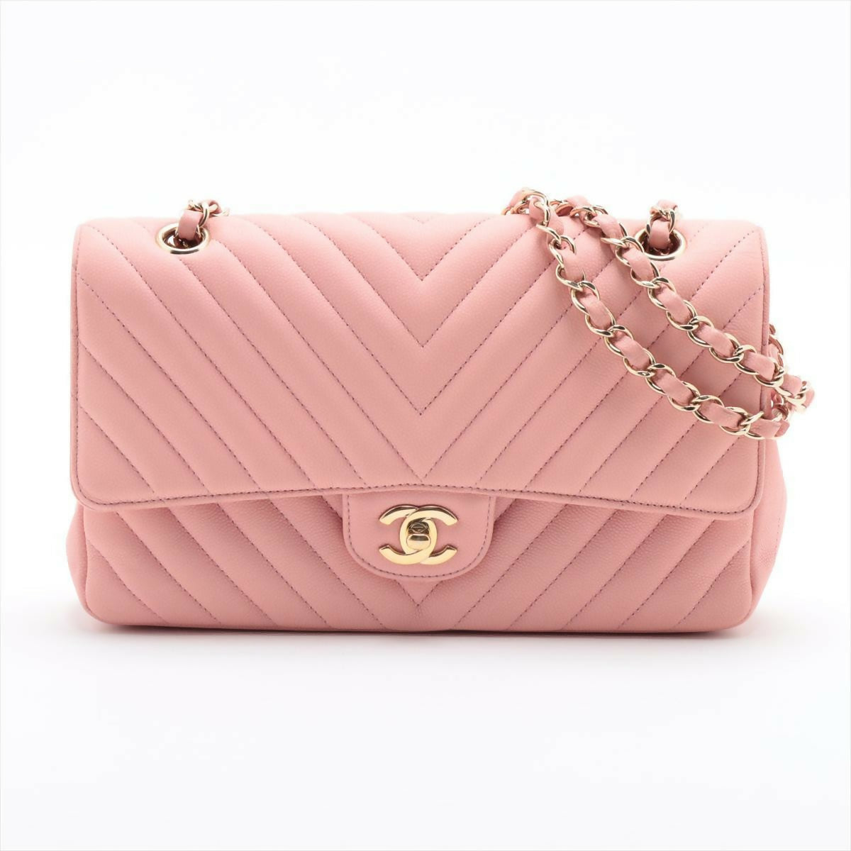Chanel Pink Caviar Flat Chevron Quilted Medium Double Flap Bag
