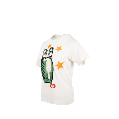 Gucci Size XS GG Logo/Cat/Star Embroidered T-shirt Cotton White/Multicolour