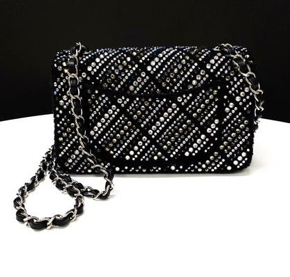 CHANEL 22A tweed, diamantés & silver metal black classic handbag