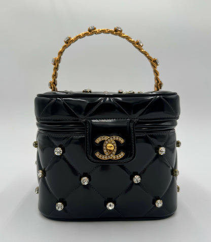 Chanel 1995 Vintage Barbie Black Rhinestone Heart-Mirror Vanity Case Bag