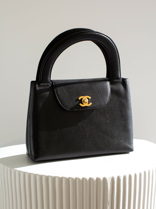 Chanel Vintage 1998 Kelly Black Caviar Leather 24K Gold Top Handle Bag
