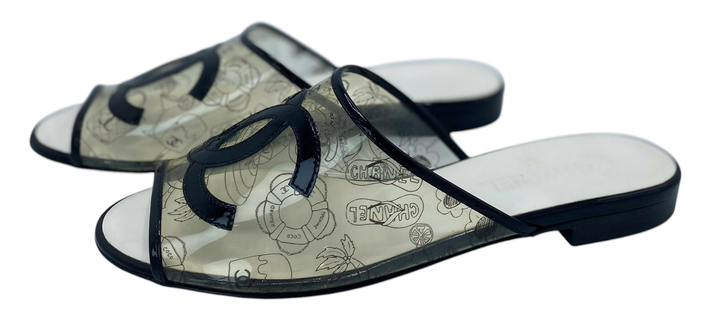 Rare Chanel PVC Black Patent Leather CC Logos Flat Slide Sandals EU 39.5C