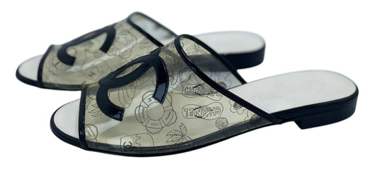 Rare Chanel PVC Black Patent Leather CC Logos Flat Slide Sandals EU 39.5C