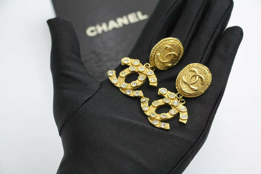Chanel Vintage 71-80s Rhinestone & Gold-plated Round Relief Dangle Clip-on Earrings