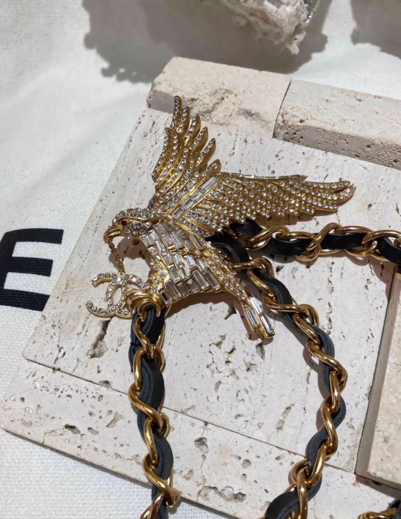 Vintage CHANEL Jeweled Eagle Chain Leather Necklace Belt