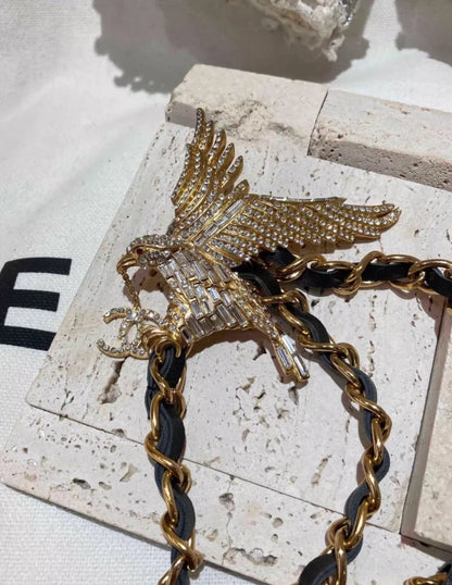 Vintage CHANEL Jeweled Eagle Chain Leather Necklace Belt