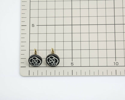 Chanel Vintage 03P Resin Black and White Camellia Button Hoop Earrings