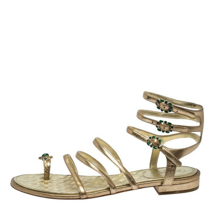 Chanel 15P Gold Metallic Jeweled Gladiator Sandal Flats EU 38.5