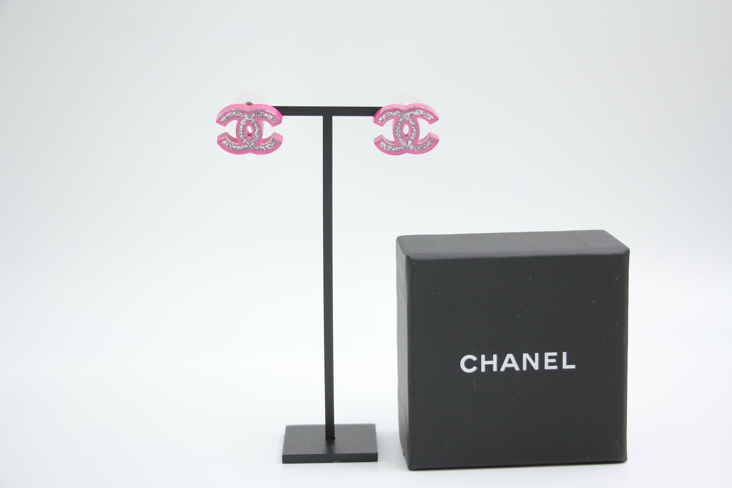 Chanel 2018 Resin Silver Glitter Pink Stud Earrings