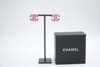 Chanel 2018 Resin Silver Glitter Pink Stud Earrings
