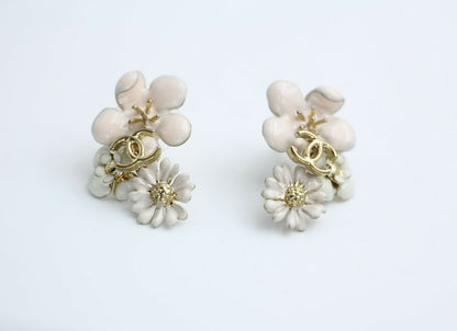 Chanel 10P Enamel Pink Camellia & Chrysanthemum Stud Earrings