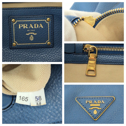 Prada Vitello Daino Triangle Logo Plate Blue Leather 2way Bag