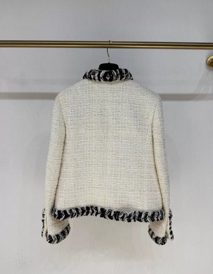 CHANEL 20B ECRU/ WHITE TWEED JACKET BRAIDED TRIM