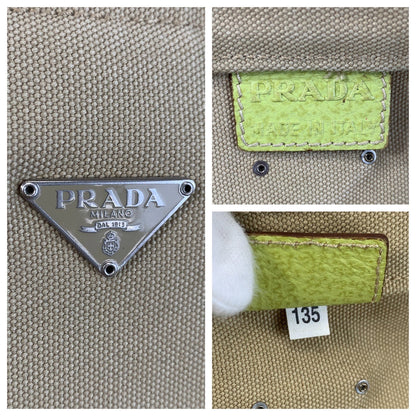 Prada Triangle Logo Plate Canvas/Leather Tote Bag