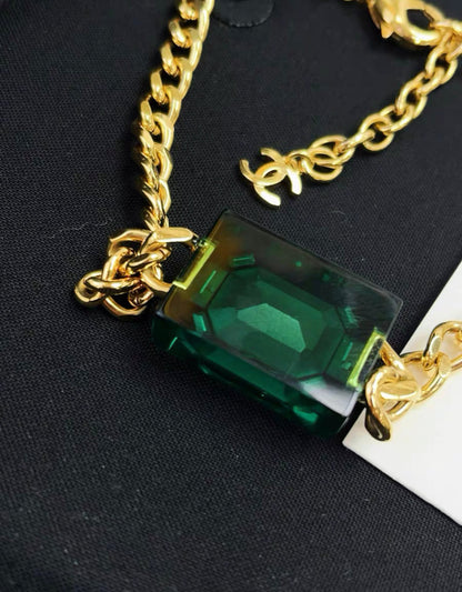 Chanel 23P emerald green square gold chain necklace