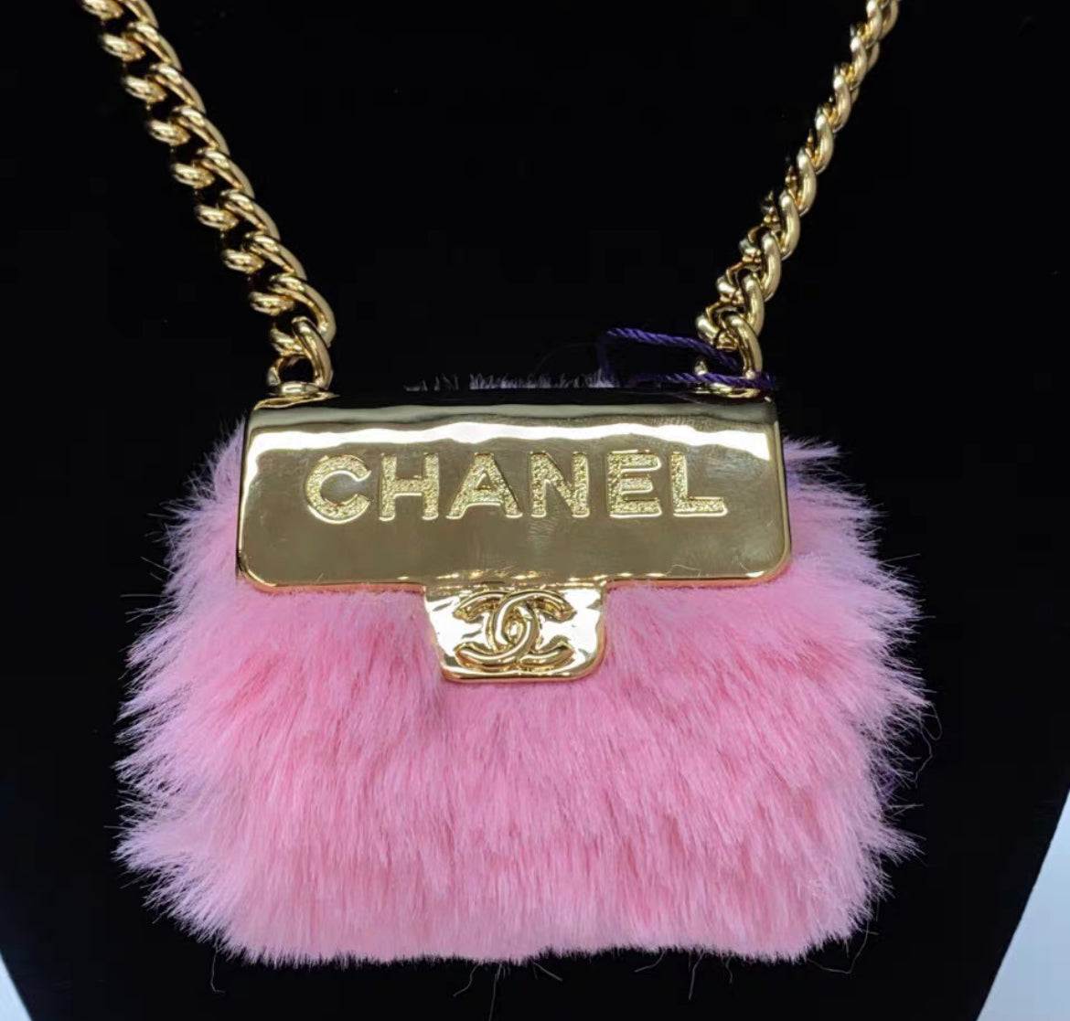 Chanel 24C Pink Furry Mini Bag necklace gold chain