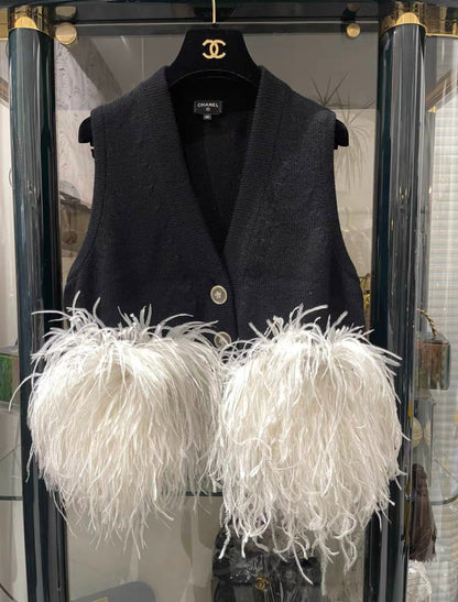 Chanel 23AW Black Cashmere & White Ostrich Feathers Vest