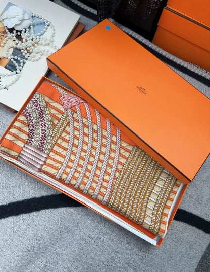 Hermes Scarf Cashmere 140 “Dressage Tressage” Orange/White/Beige