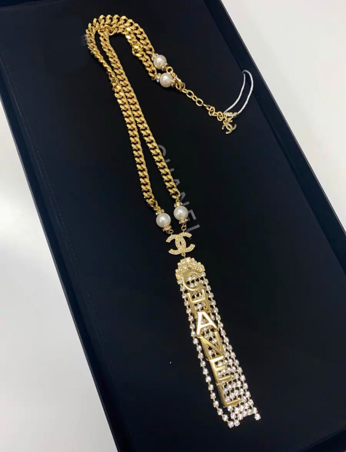 Chanel full diamond letter long pendant necklace