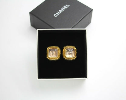 Chanel Vintage 96P Gripoix Gold-plated Fantasy Pink & Purple Square Clip-on Earrings