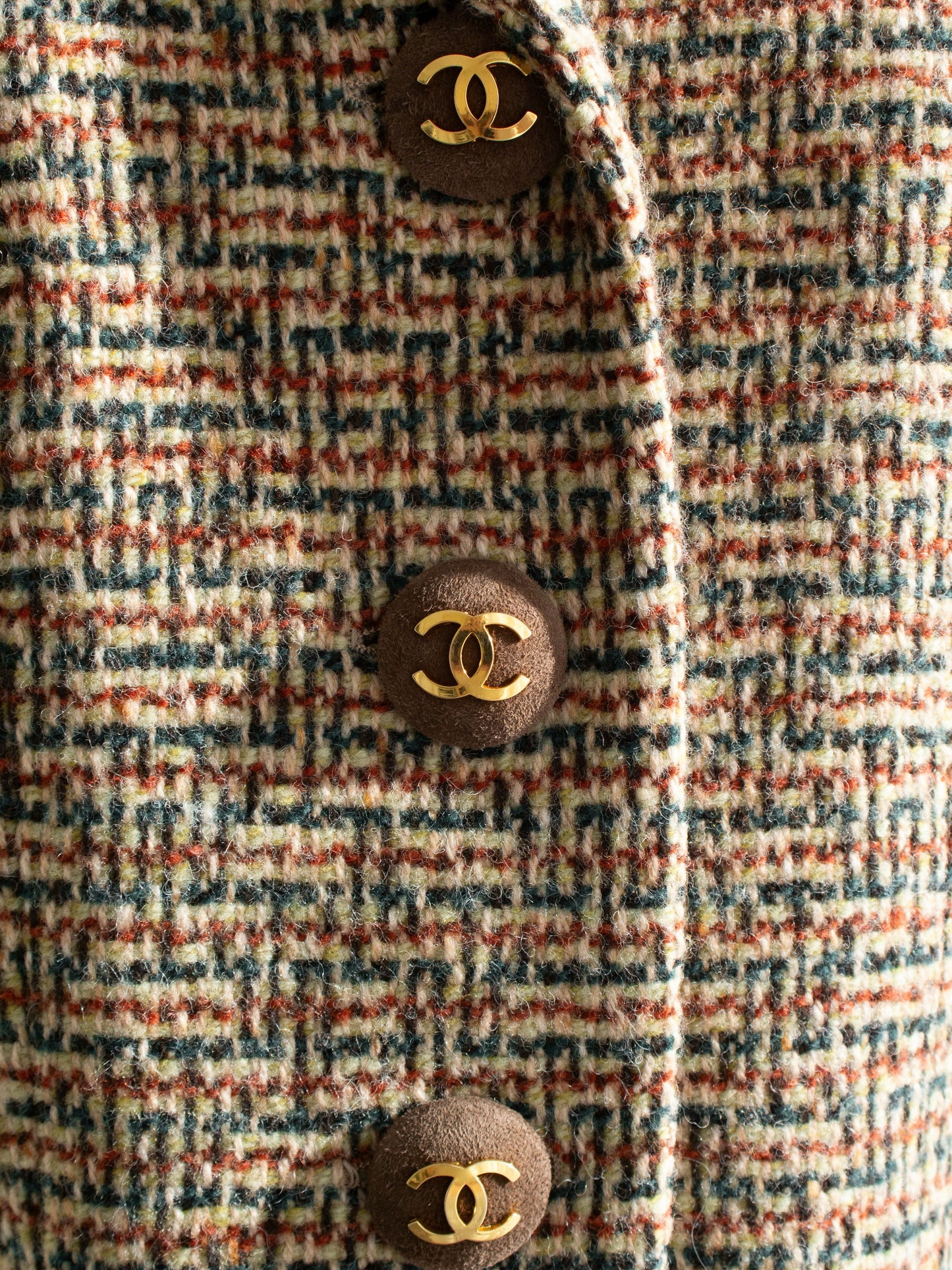 Chanel Vintage F/W 1992 English Tweed Suede Brown CC Gold Runway Jacket