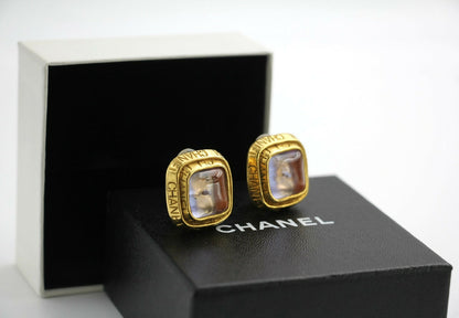 Chanel Vintage 96P Gripoix Gold-plated Fantasy Pink & Purple Square Clip-on Earrings