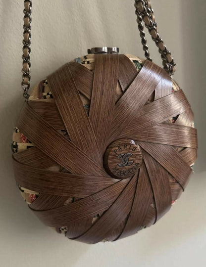 Chanel “Havana By Night” Round Woven Wood and Tweed Minaudière
