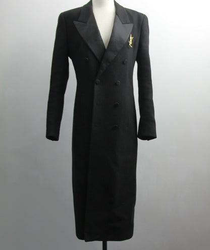 Saint Laurent Black Tuxedo Coat In Grain De Poudre + Saint Laurent YSL Logo Twisted Stripe Texture Brooch