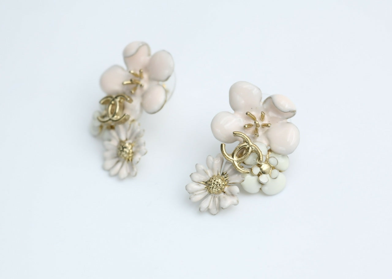 Chanel 10P Enamel Pink Camellia & Chrysanthemum Stud Earrings