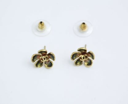 Chanel Vintage 03P Gold-plated Emerald Green and Red Flower Stud Earrings