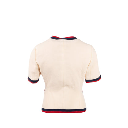 Gucci size 36 ribbon button mini jacket multicolour beige / navy/ red