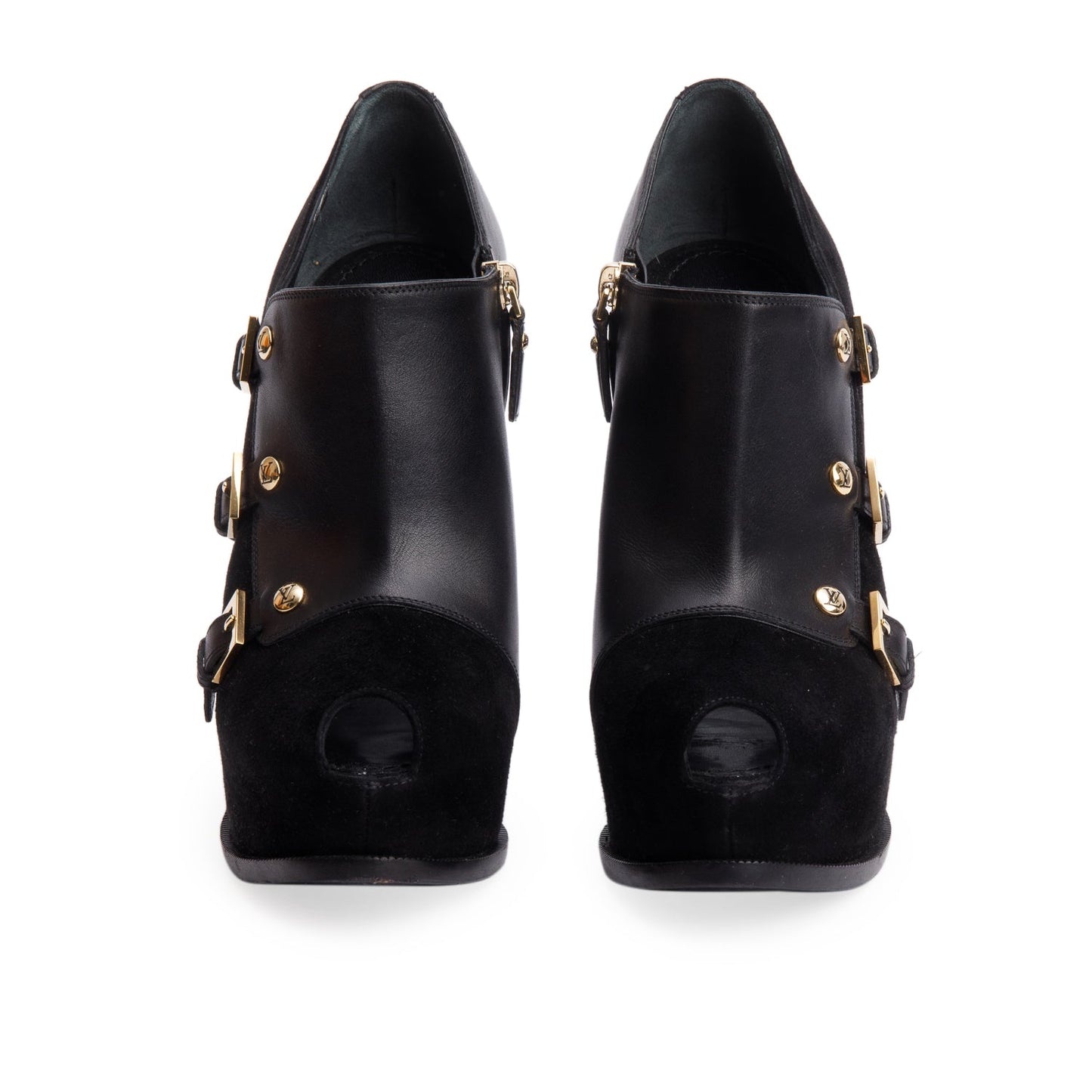 Louis Vuitton Black Leather Suede Platform Brigade Ankle Booties, Size 37.5 w/ Box & Receipt