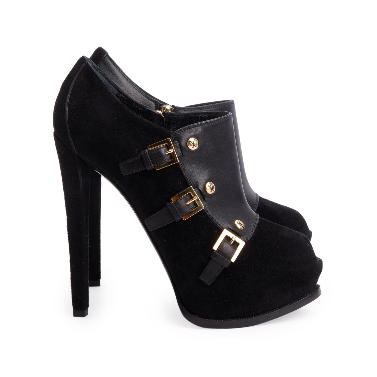 Louis Vuitton Black Leather Suede Platform Brigade Ankle Booties, Size 37.5 w/ Box & Receipt
