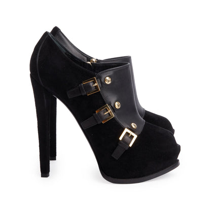 Louis Vuitton Black Leather Suede Platform Brigade Ankle Booties, Size 37.5 w/ Box & Receipt