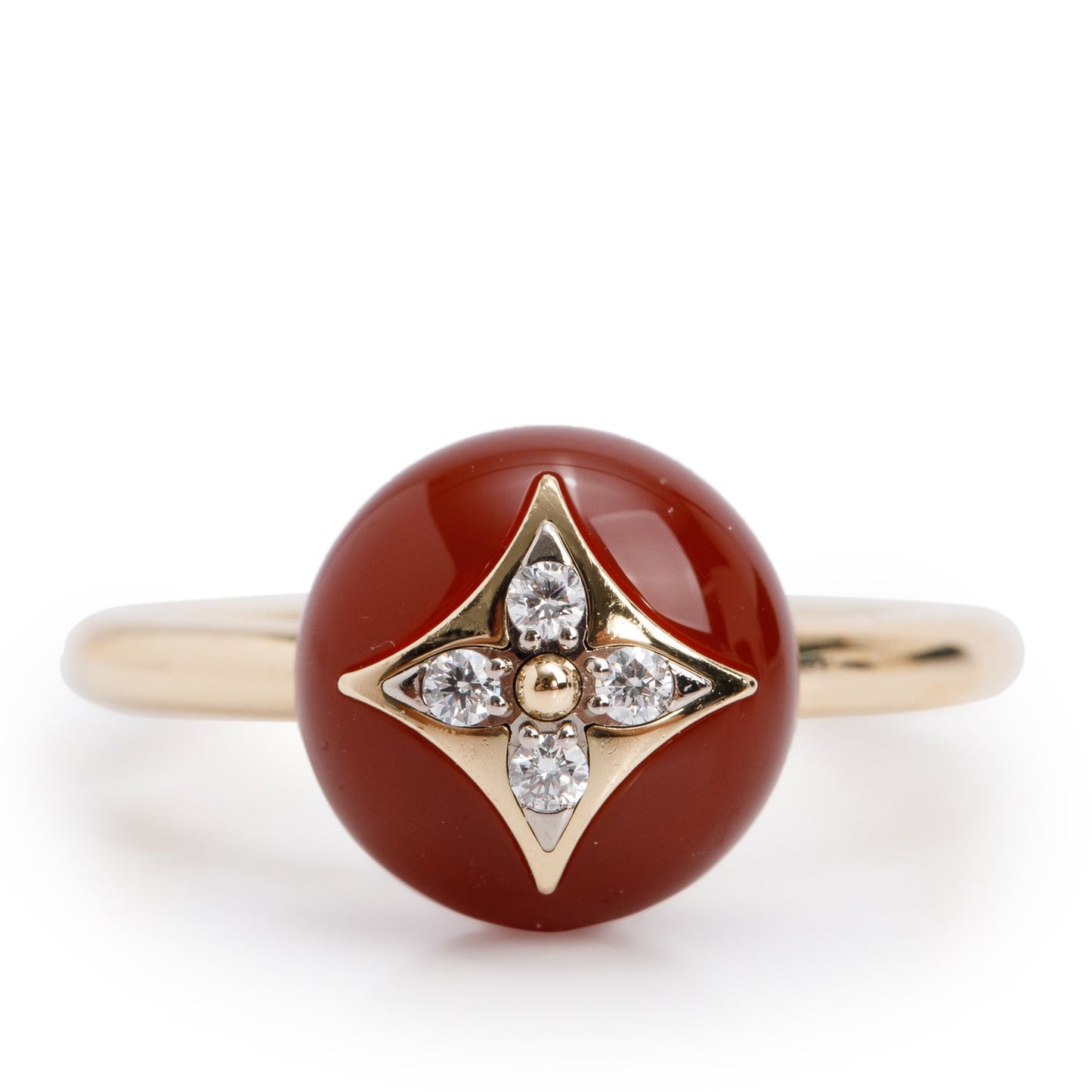 Louis Vuitton 18k Yellow Gold Diamond & Carnelian Color Blossom Ring, Size 54 6.75 w/ Box