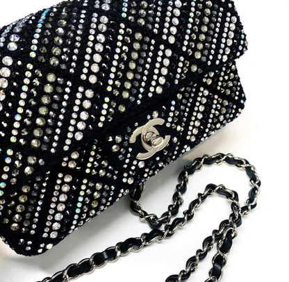 CHANEL 22A tweed, diamantés & silver metal black classic handbag