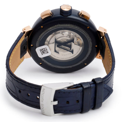 Louis Vuitton Rose Gold Plated Stainless Steel & Blue PVD Tambour 46 MM Automatic Chronograph Watch Damier Cobalt V Dial QA090 w/ Box