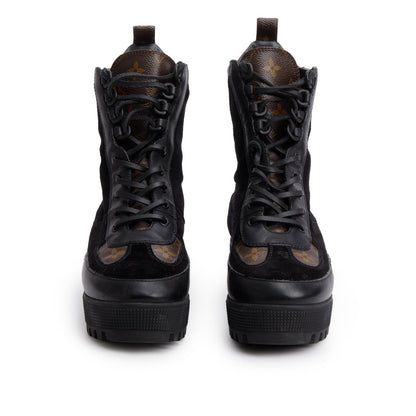 Louis Vuitton 2021 Black Leather/Suede Monogram Trim Laurette Platform Desert Ankle Boots, Size 38
