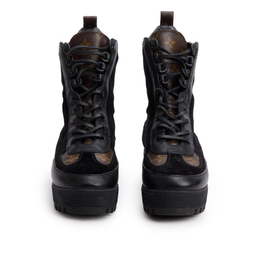 Louis Vuitton 2021 Black Leather/Suede Monogram Trim Laurette Platform Desert Ankle Boots, Size 38